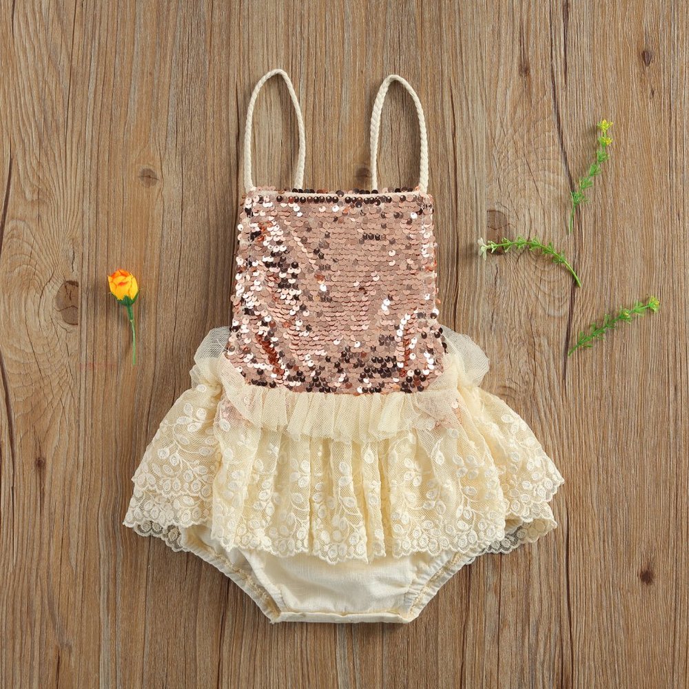 Pink Sequin Ruffle Lace Backless Baby Romper